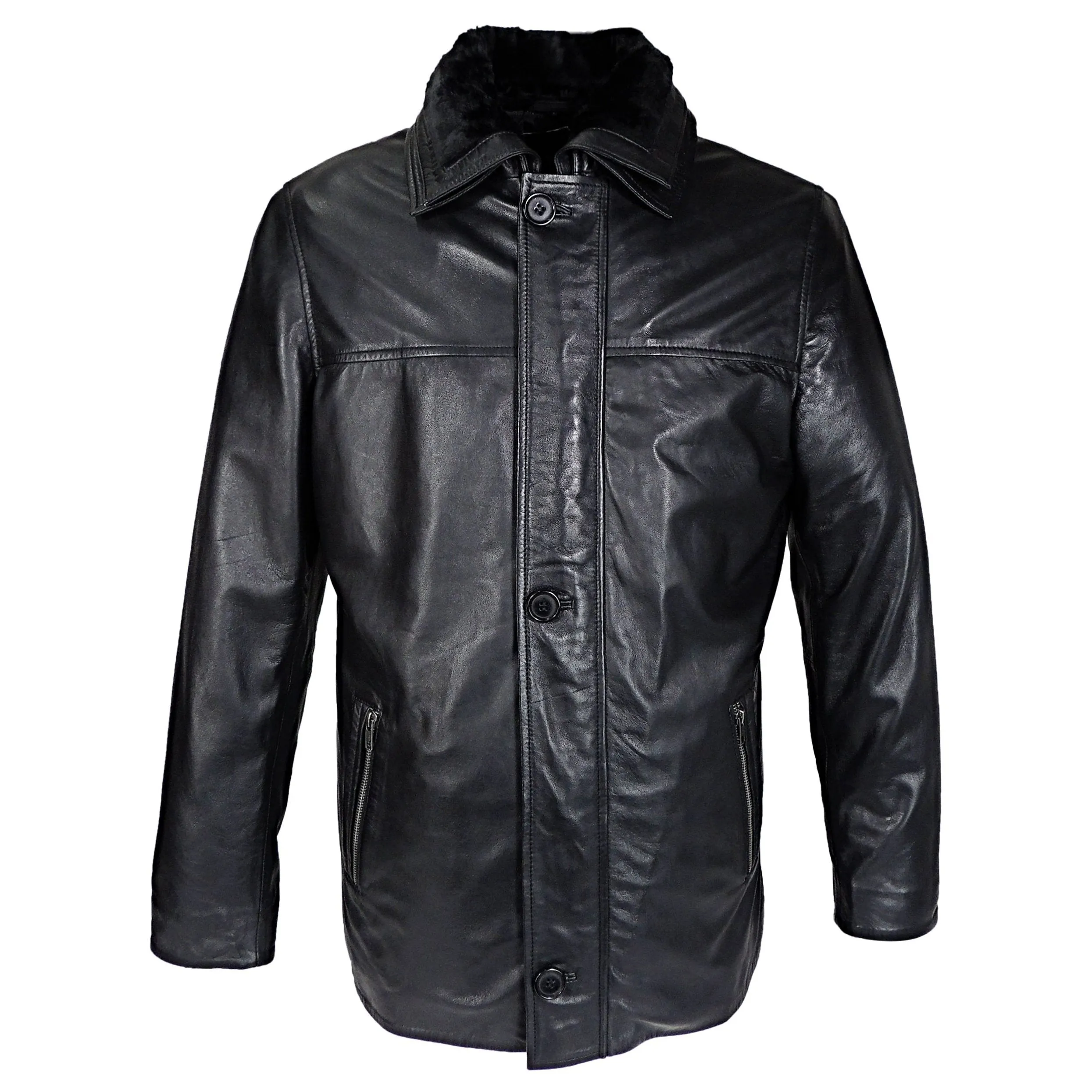 Ahsa Mens Leather Coat w/ Fur Collar