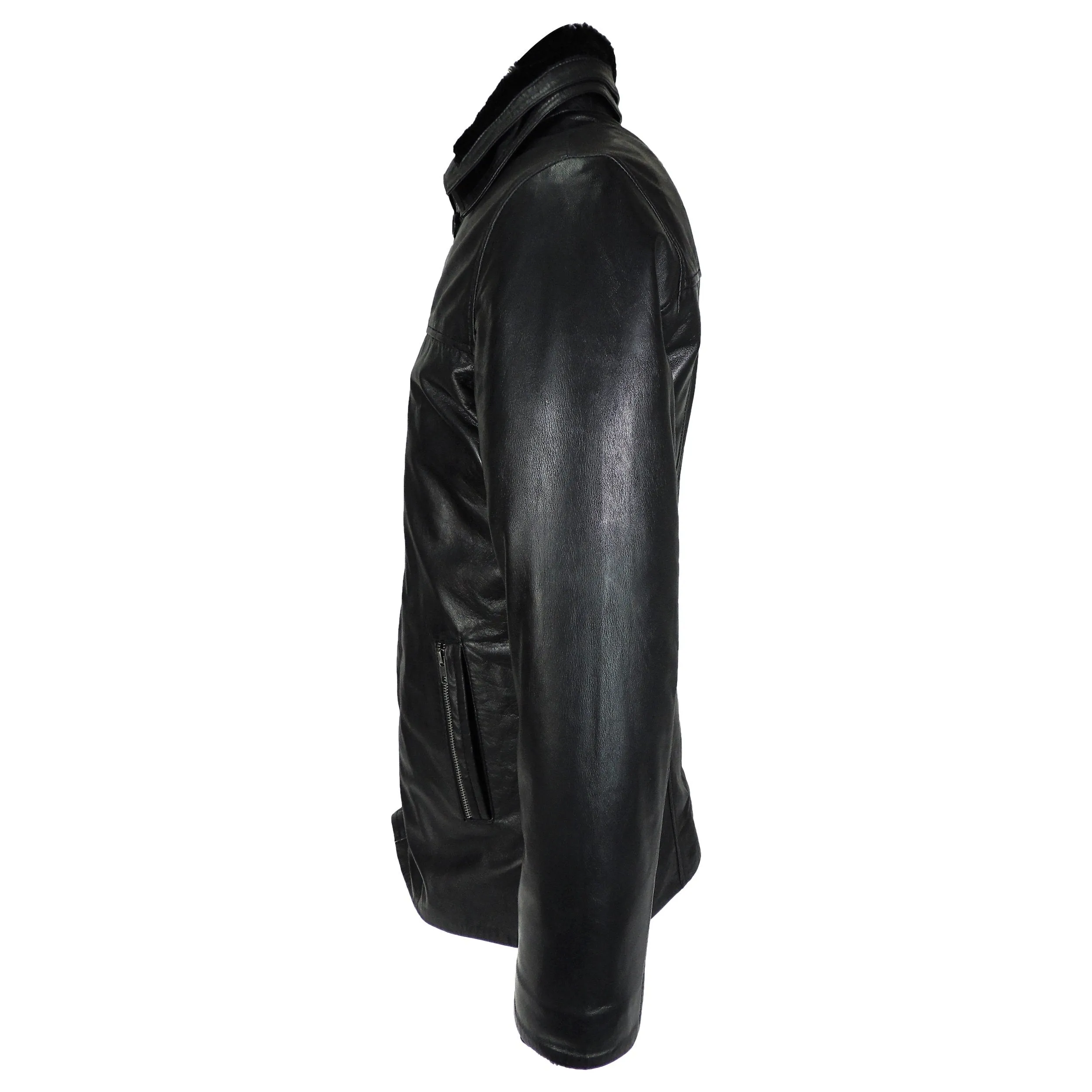 Ahsa Mens Leather Coat w/ Fur Collar