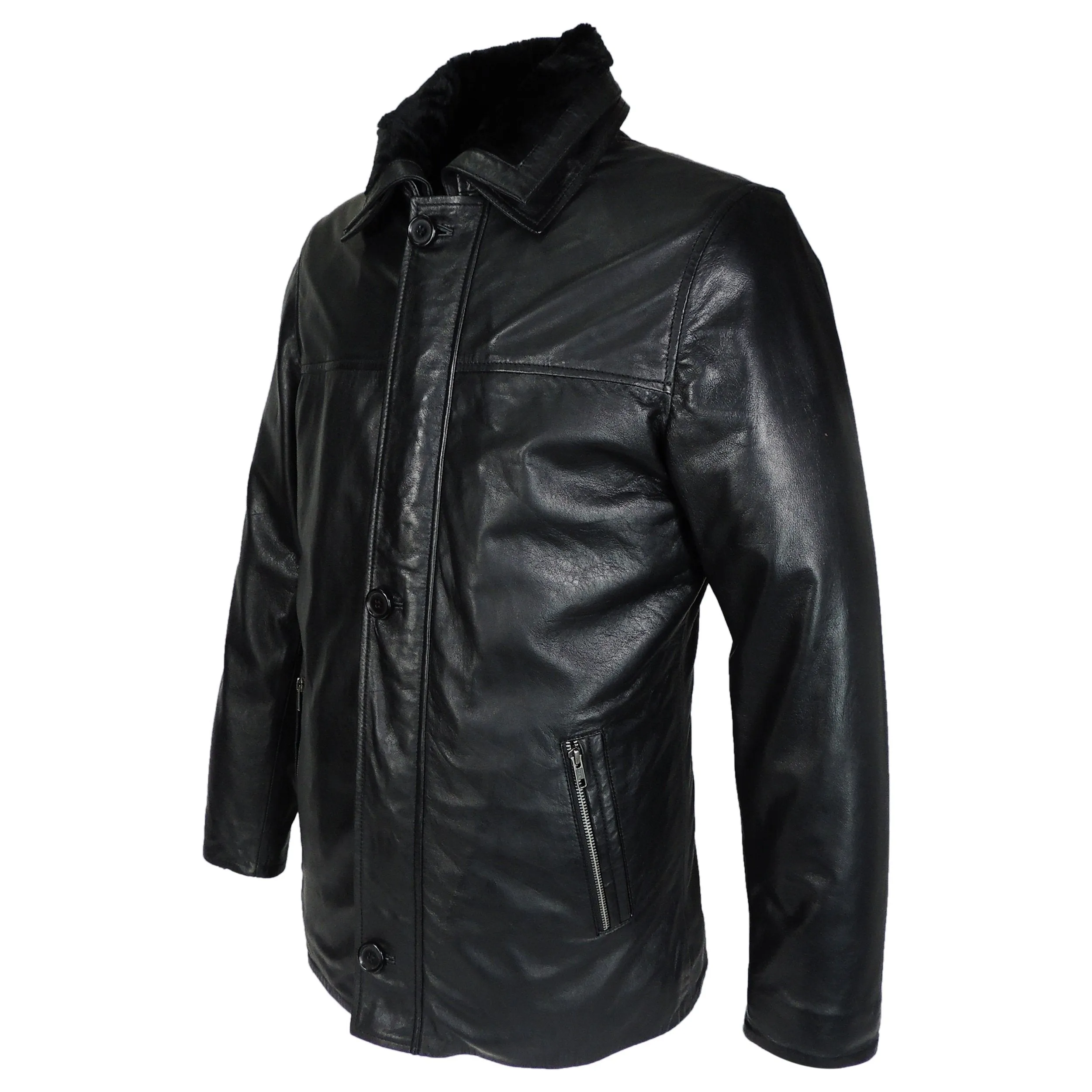 Ahsa Mens Leather Coat w/ Fur Collar