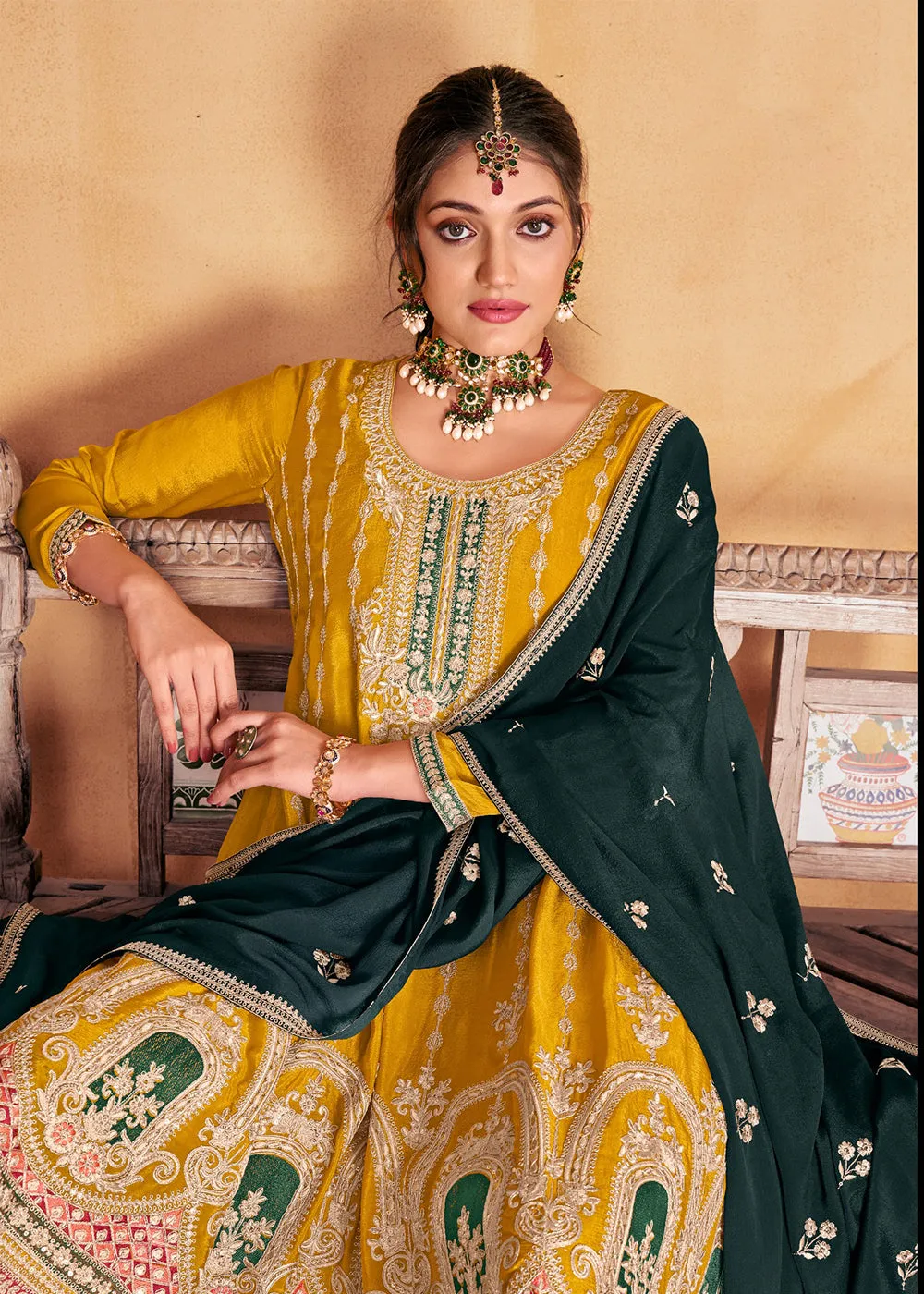 Amazing Yellow Heavy Chinnon Embroidered Palazzo Style Suit