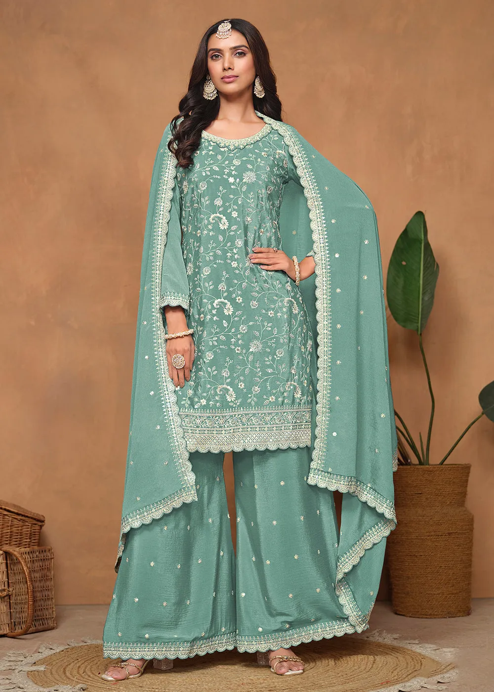 Aqua Chinnon Resham & Sequins Embroidered Palazzo Suit