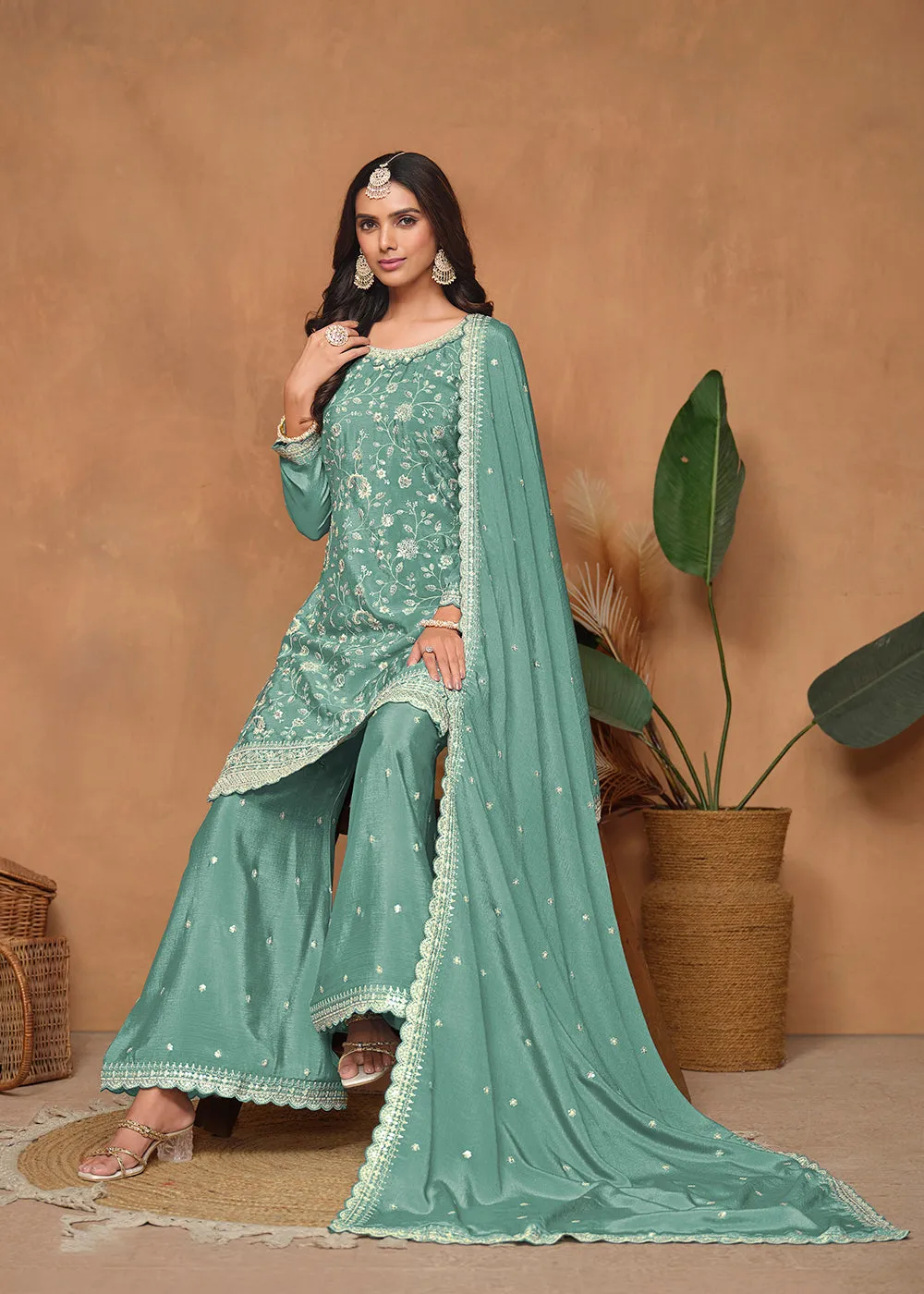 Aqua Chinnon Resham & Sequins Embroidered Palazzo Suit