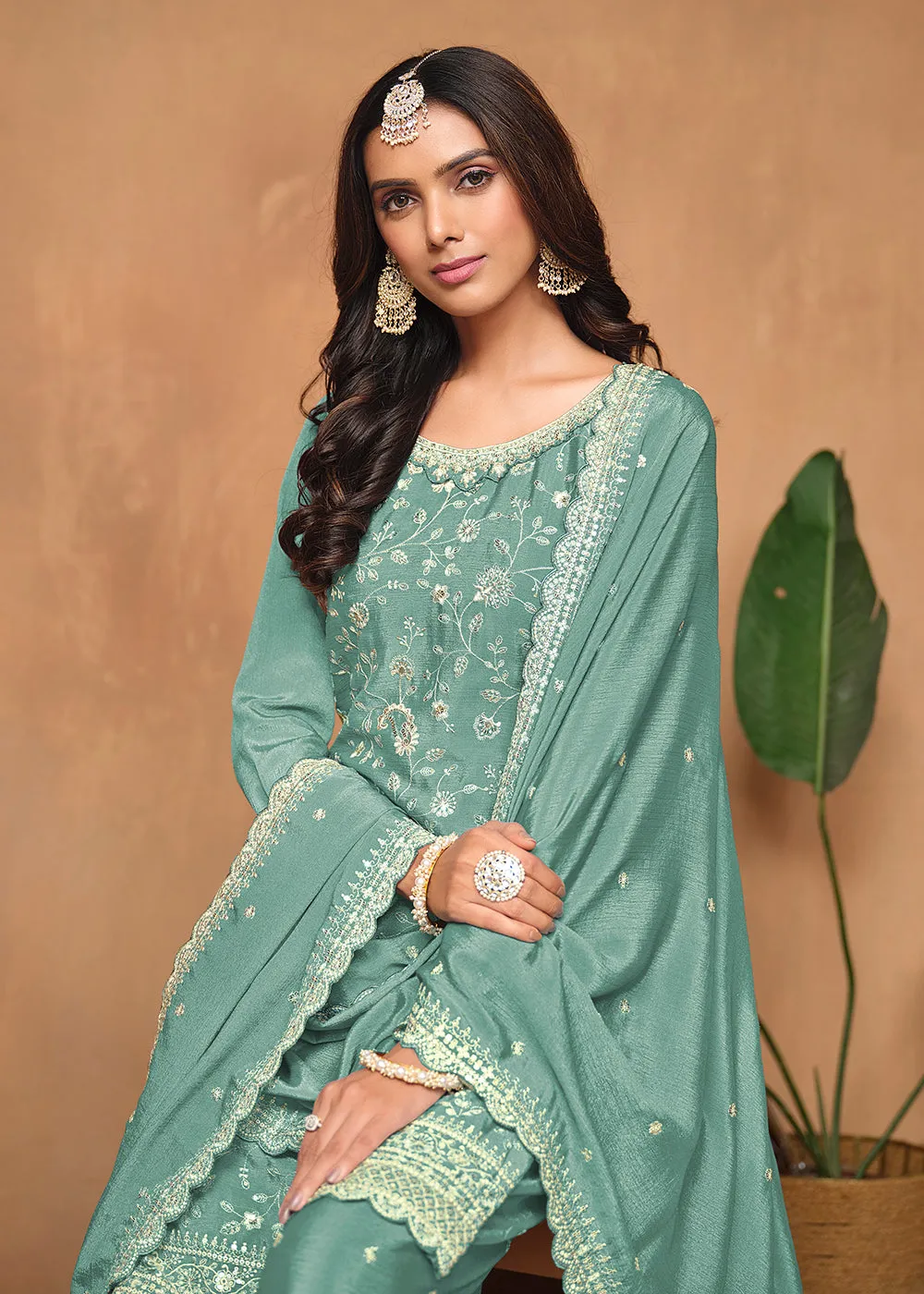 Aqua Chinnon Resham & Sequins Embroidered Palazzo Suit