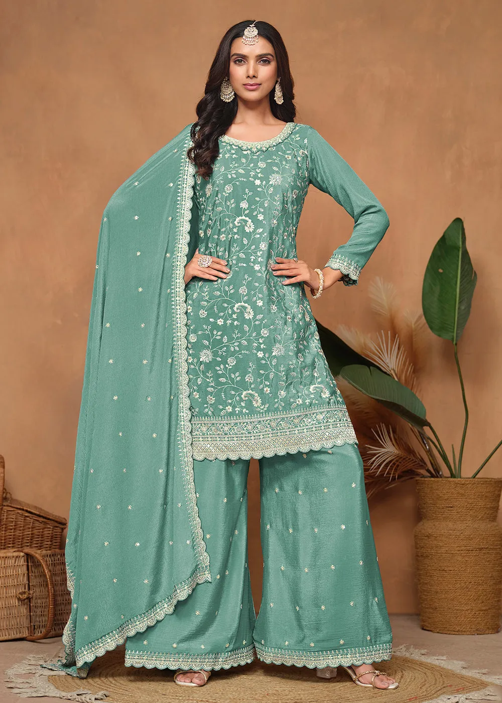 Aqua Chinnon Resham & Sequins Embroidered Palazzo Suit