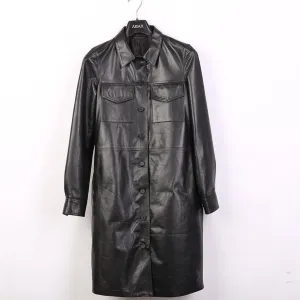 Athena Matrix Womens Black Full Long Leather Coat with Buttons