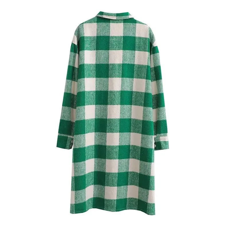 Autumn Double Pocket Plush Woolen Plaid Overcoat Coat Women Woolen Outer