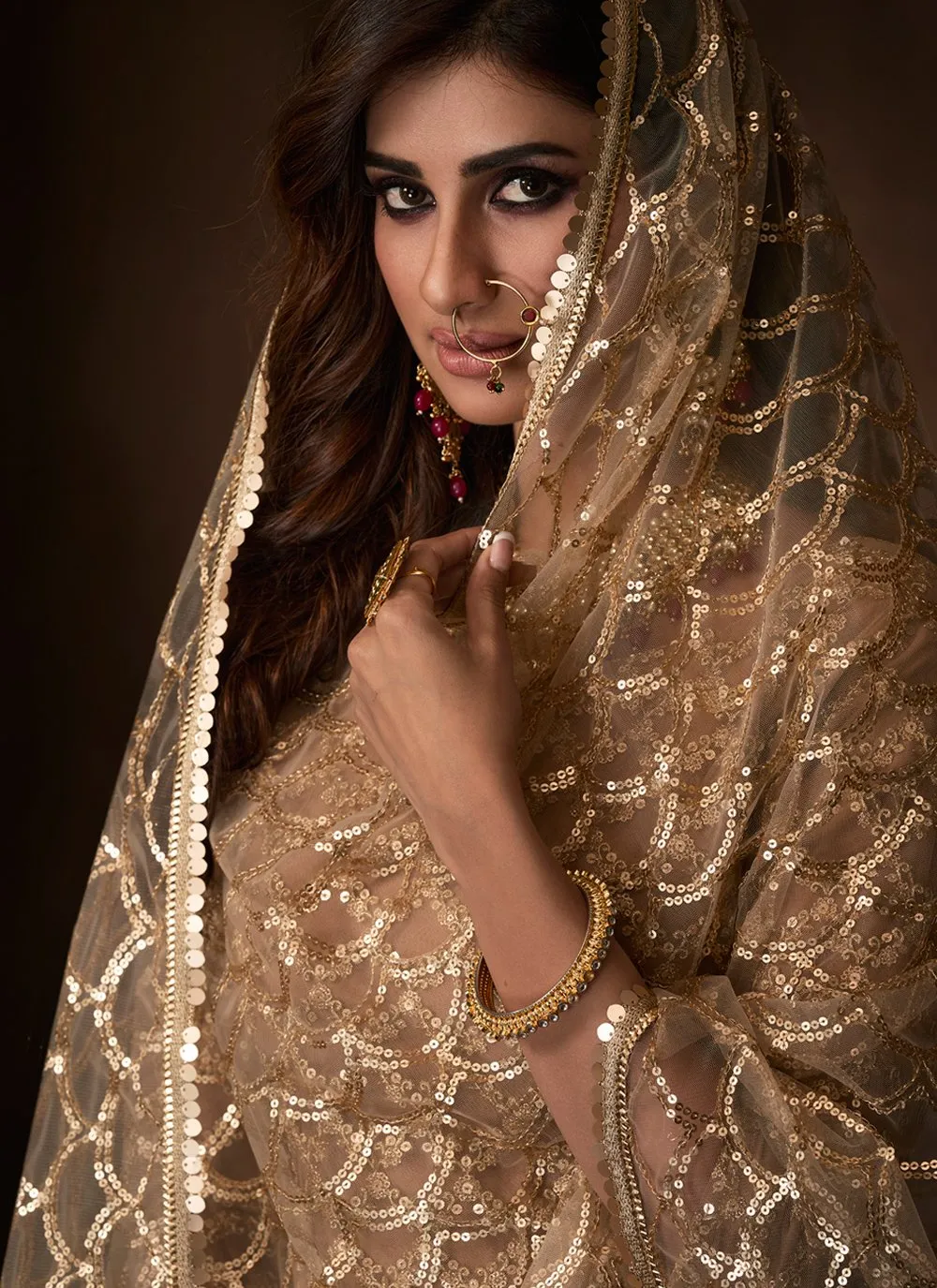 Beige Color Embroidered Designer Net Palazzo Suit