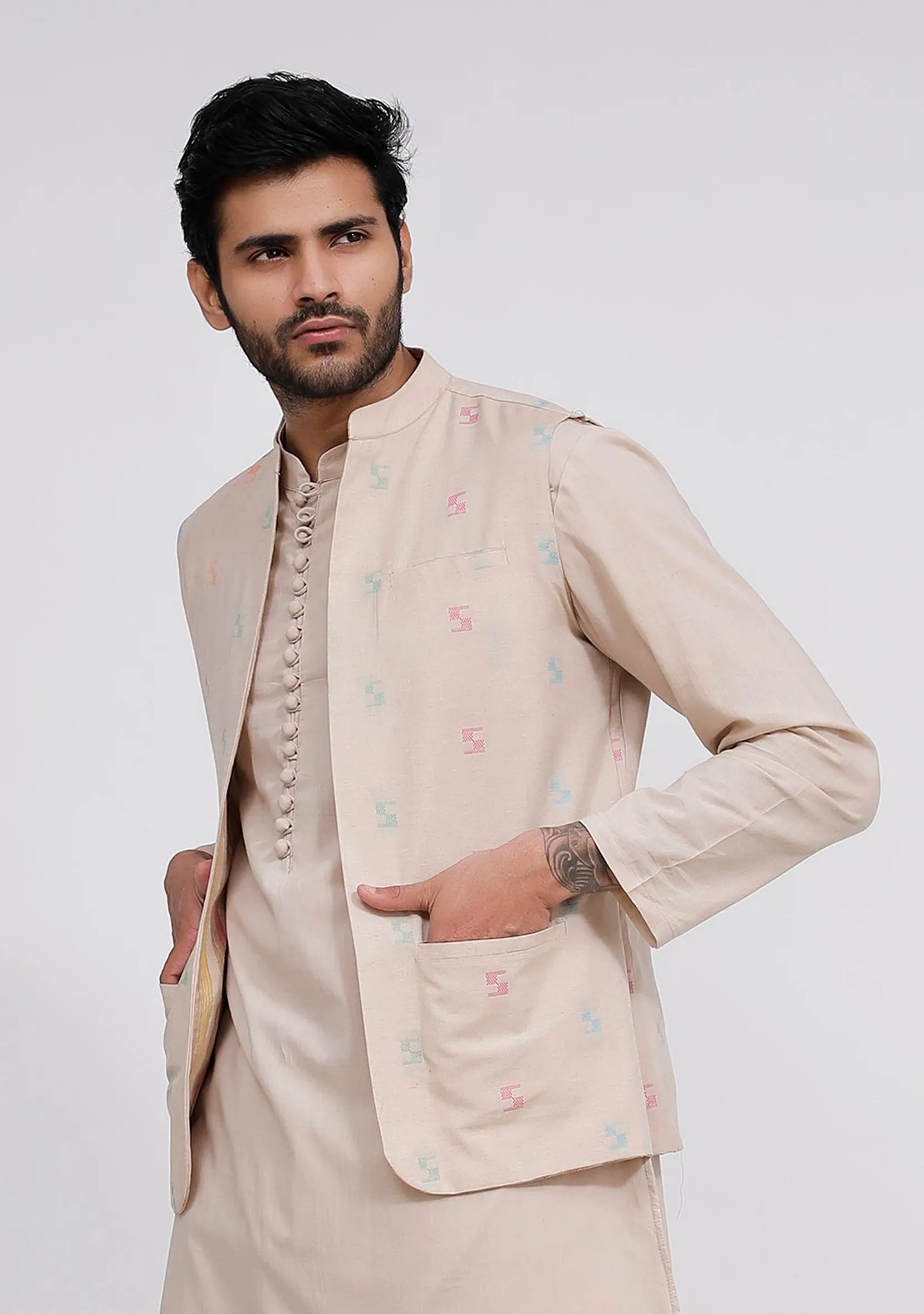 Beige Dobby Nehru Jacket