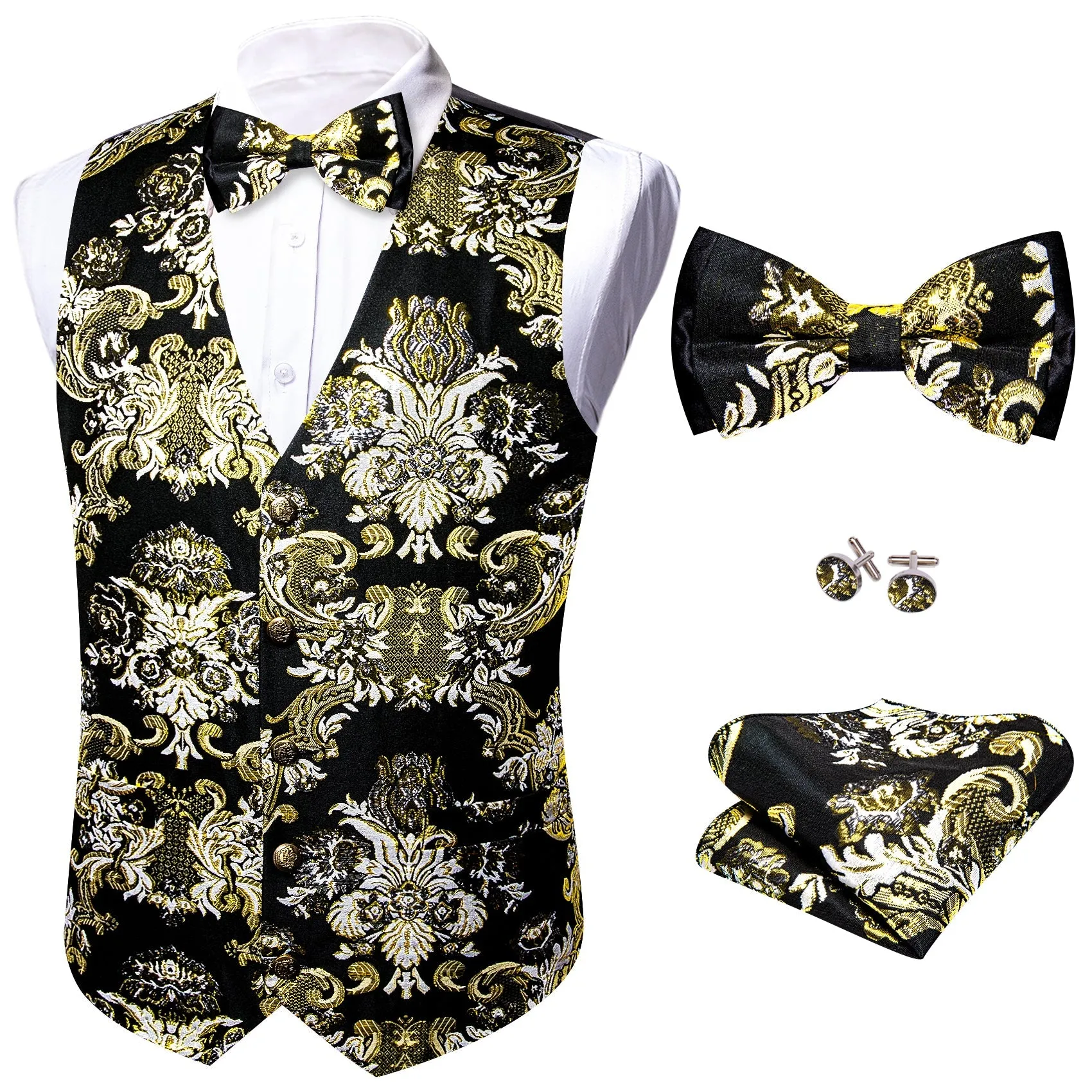 Black Beige Floral Silk Men's Vest Bow Tie Set Waistcoat Suit Set