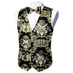 Black Beige Floral Silk Men's Vest Bow Tie Set Waistcoat Suit Set