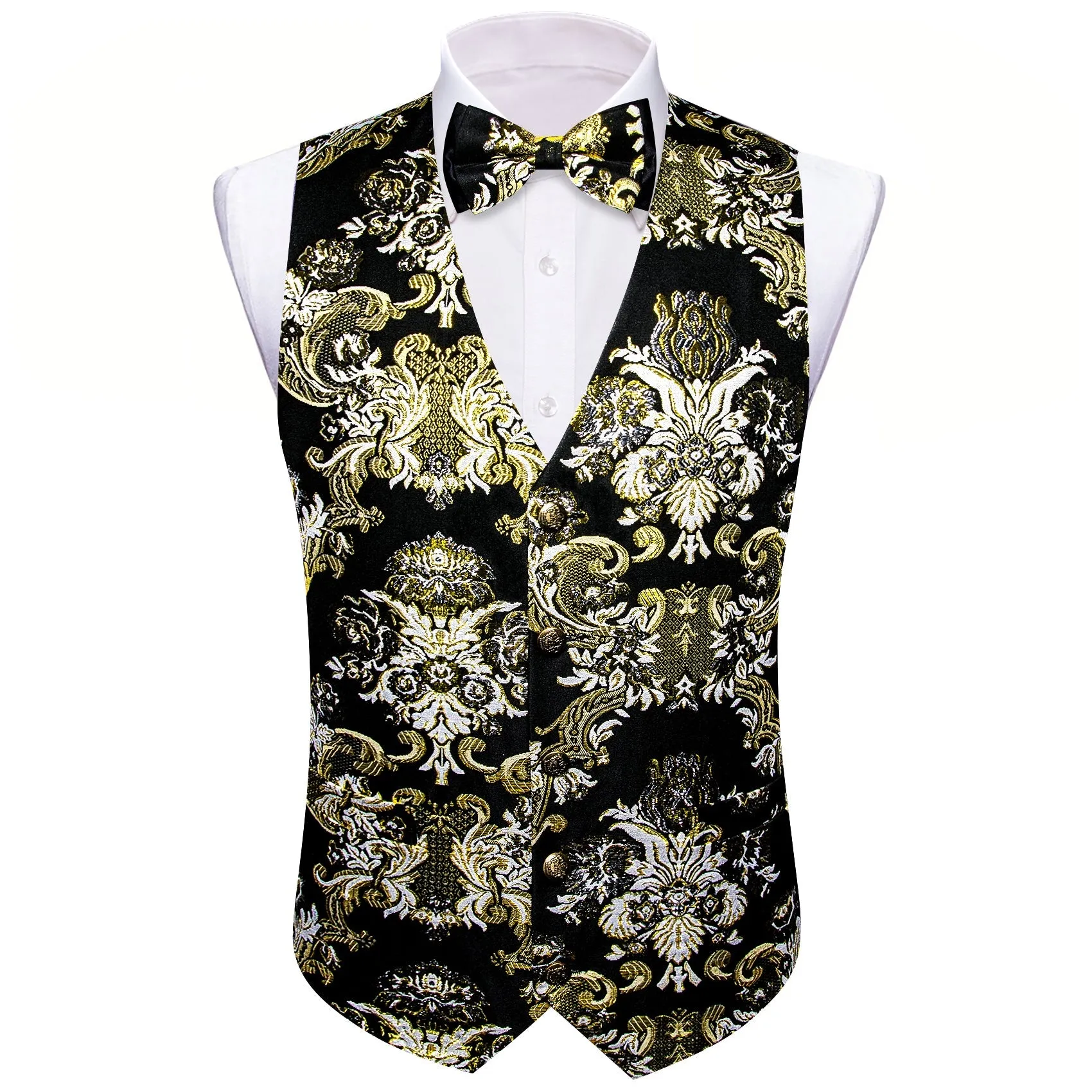 Black Beige Floral Silk Men's Vest Bow Tie Set Waistcoat Suit Set