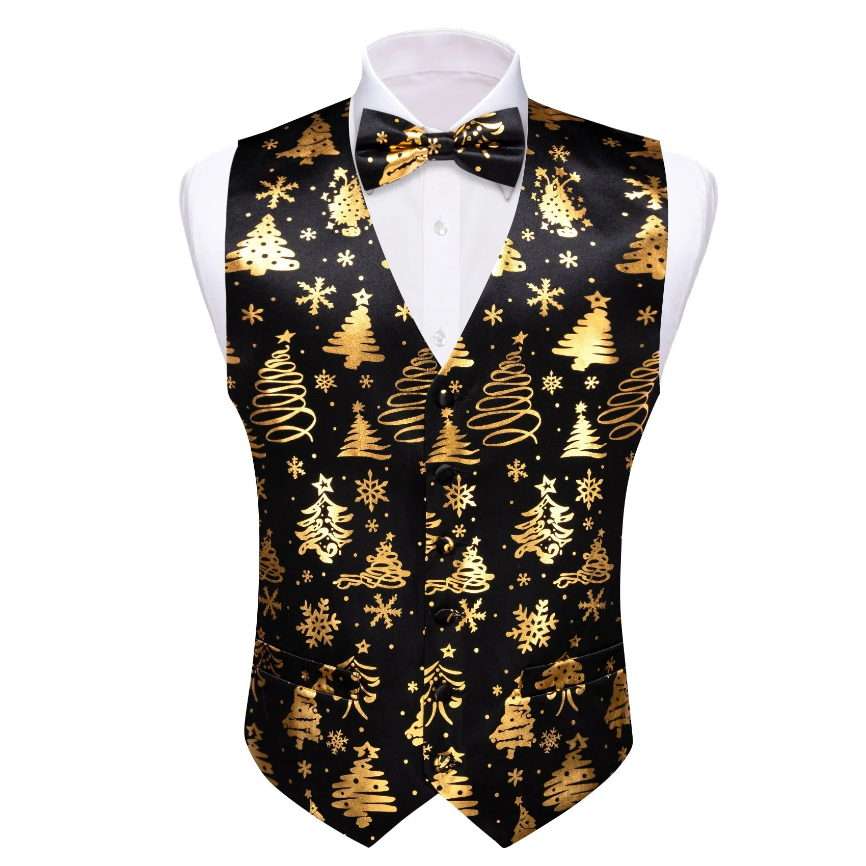 Black Golden Christmas Tree Novelty Silk Men's Vest Bow Tie Set Waistcoat Suit Set