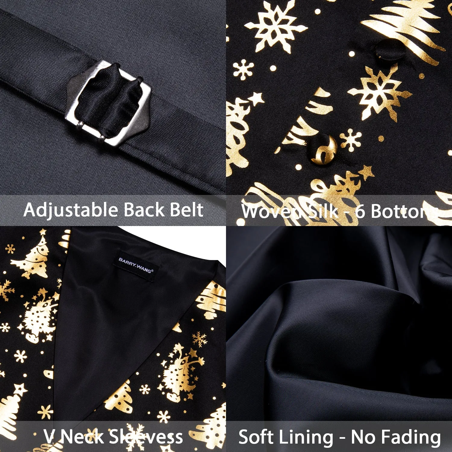 Black Golden Christmas Tree Novelty Silk Men's Vest Bow Tie Set Waistcoat Suit Set