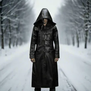 Black Leather Hooded Coat