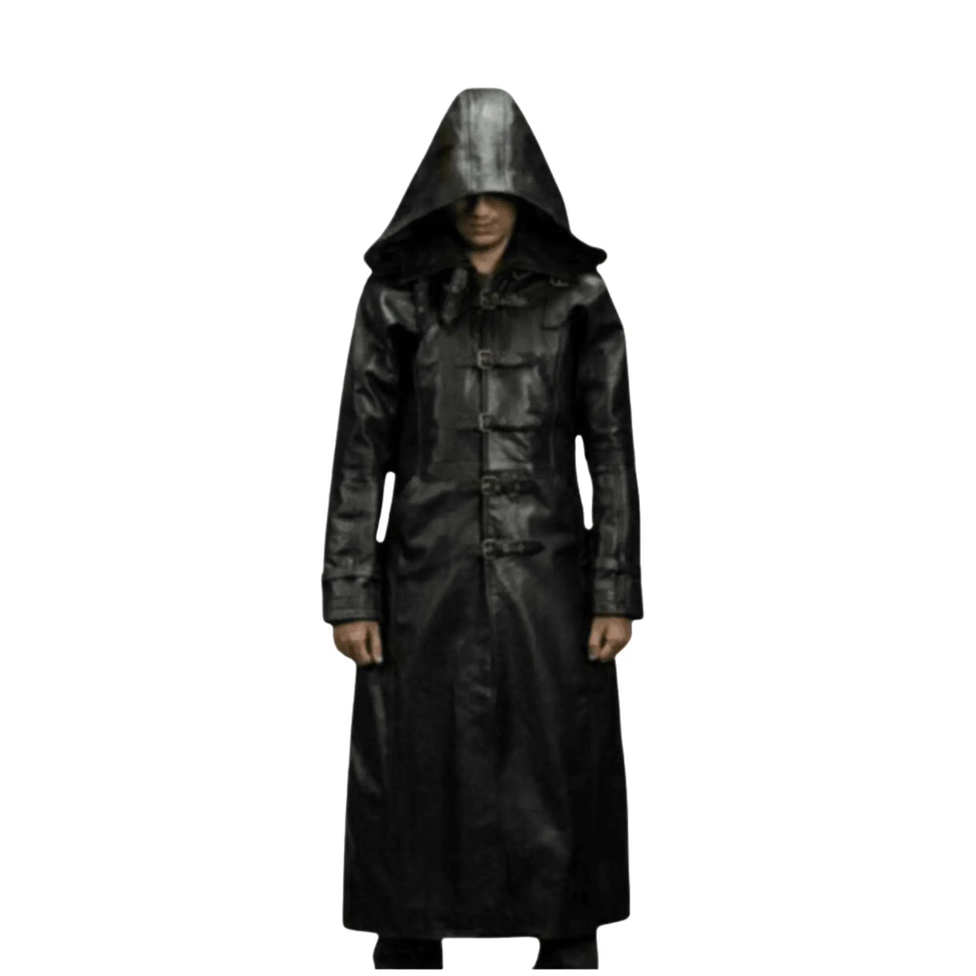 Black Leather Hooded Coat