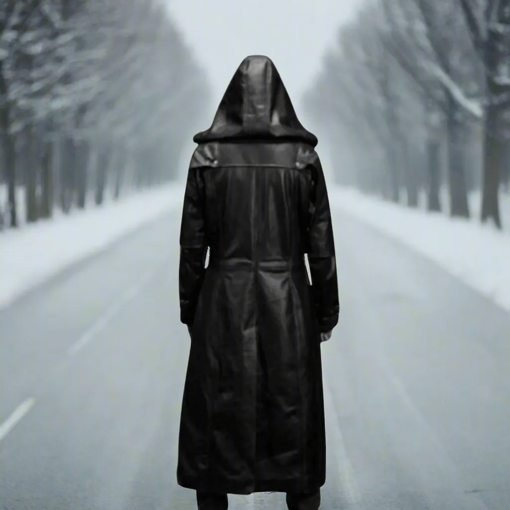 Black Leather Hooded Coat