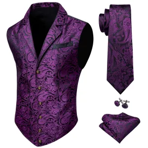 Black Purple Paisley Jacquard Men's Collar Victorian Suit Vest Tie Hanky Cufflinks Set