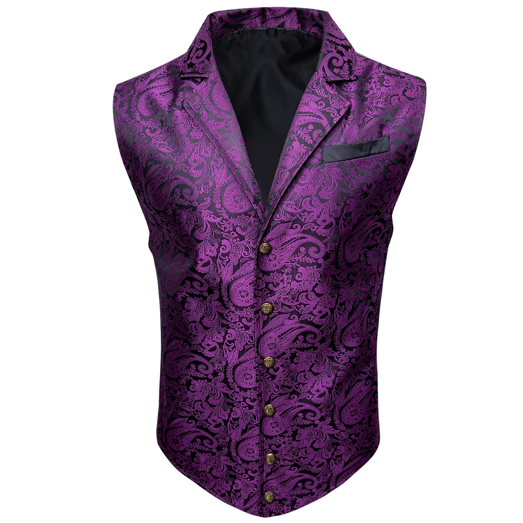 Black Purple Paisley Jacquard Men's Collar Victorian Suit Vest Tie Hanky Cufflinks Set