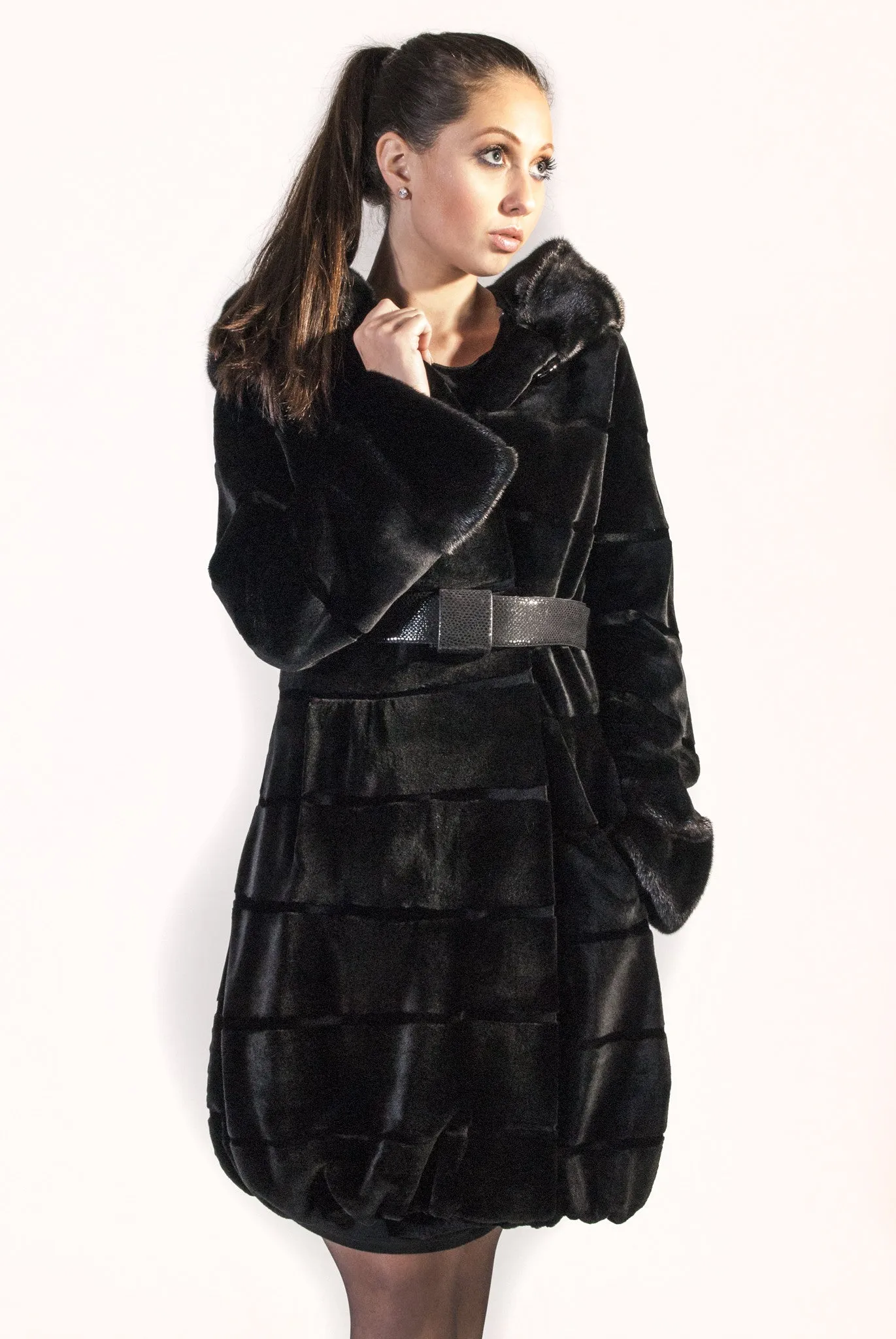 Black Sheared Mink Coat with Belt and Grooved Pattern