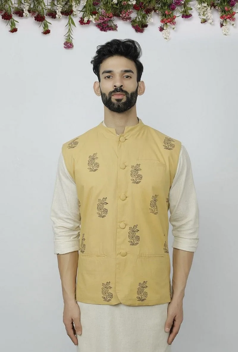 Block Printed Yellow Waist Coat