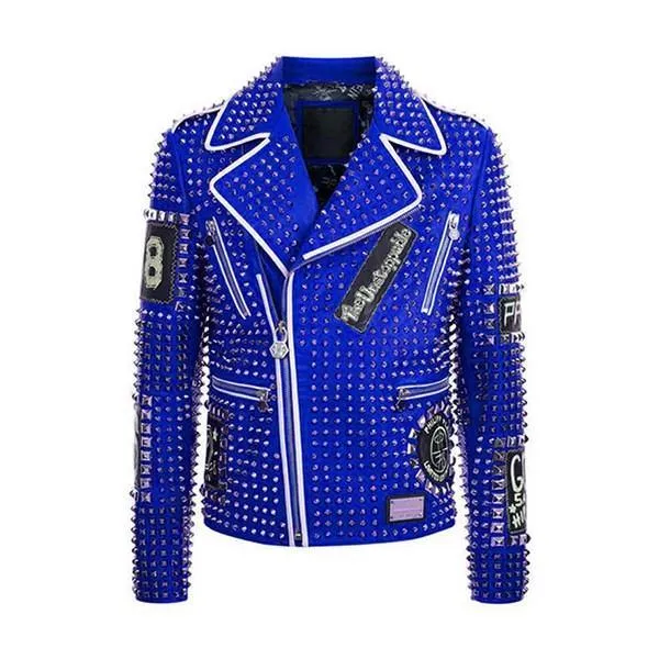 Blue Studded Punk Men's Leather Fashion Jacket