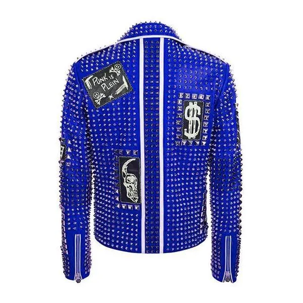 Blue Studded Punk Men's Leather Fashion Jacket