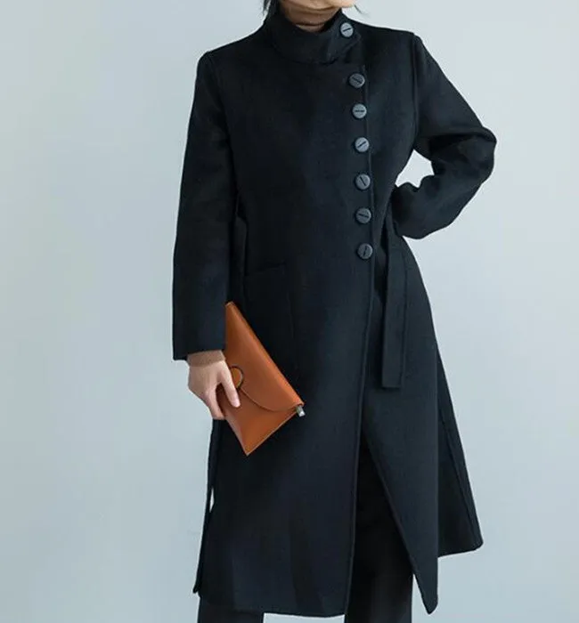 Buttons Black Women Winter Black Long Women Wool Coat Jacket 2155