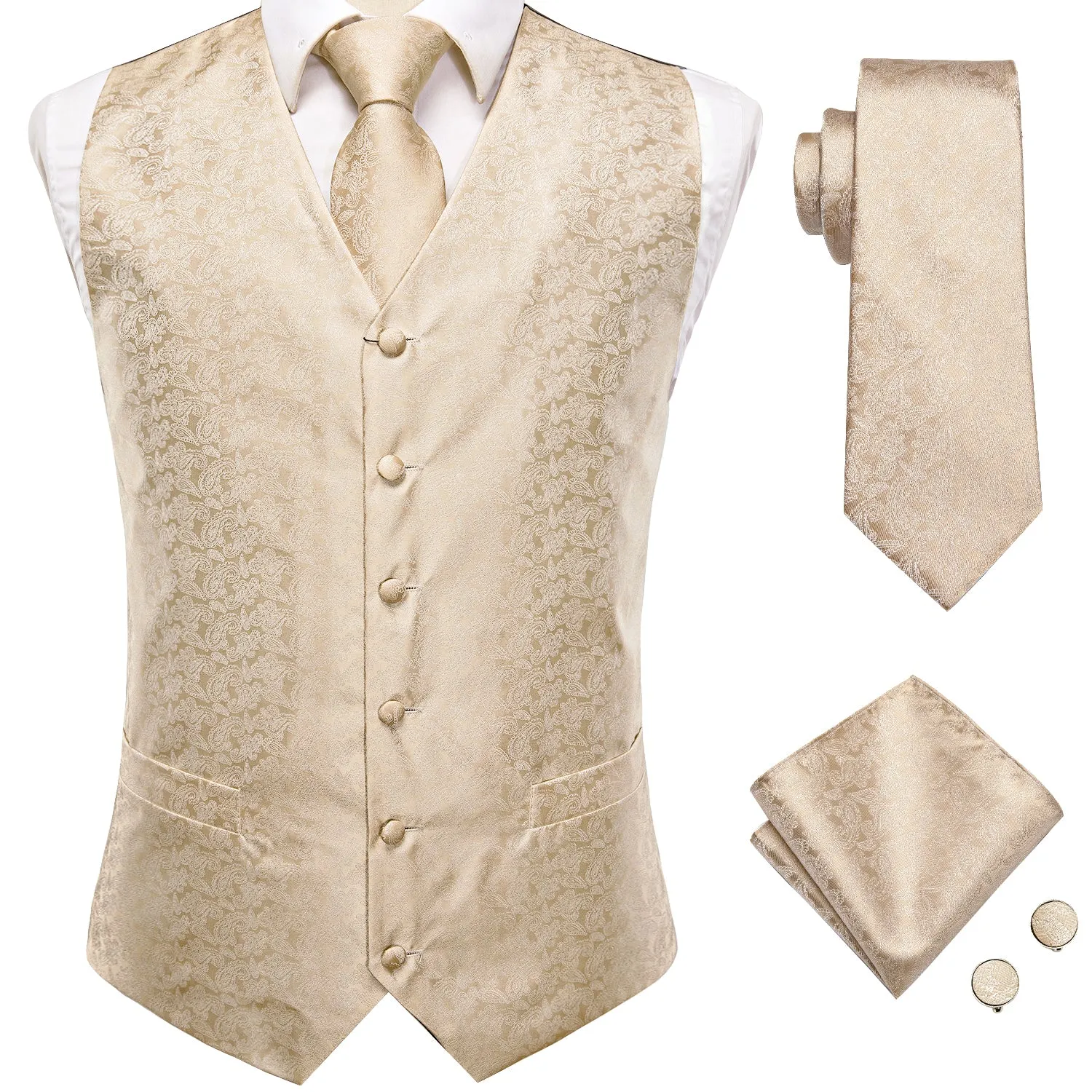 Champagne Paisley Silk Men's Vest Hanky Cufflinks Tie Set Waistcoat Suit Set