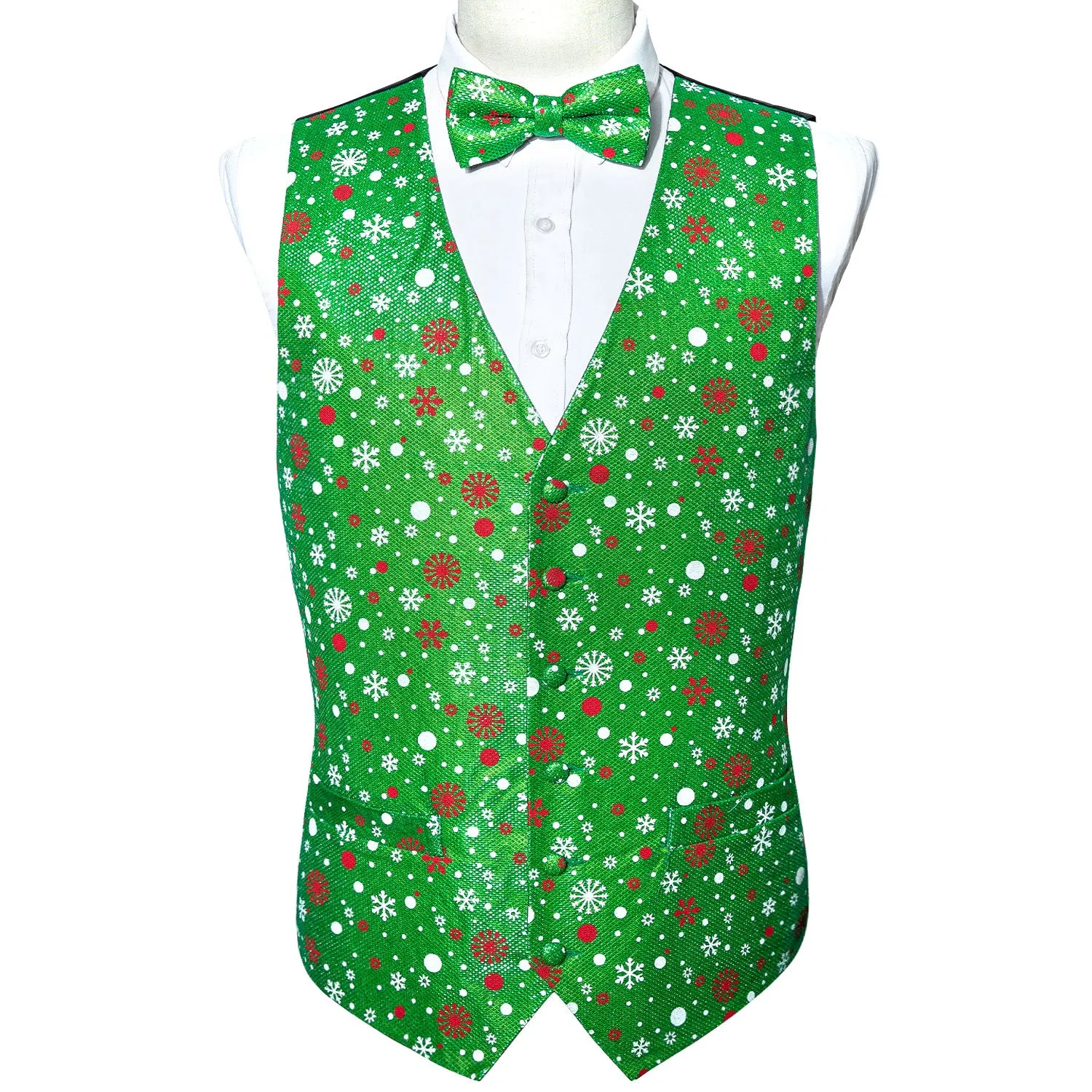 Christmas Green Snow Novelty Silk Men's Vest Bow Tie Set Waistcoat Suit Set