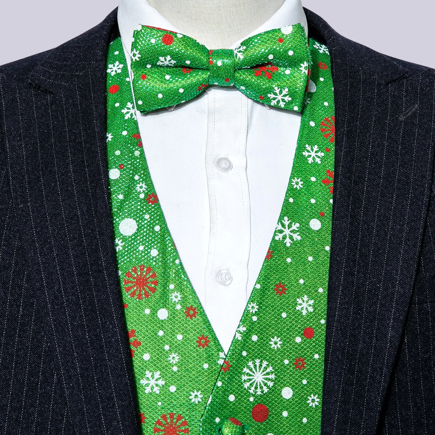 Christmas Green Snow Novelty Silk Men's Vest Bow Tie Set Waistcoat Suit Set