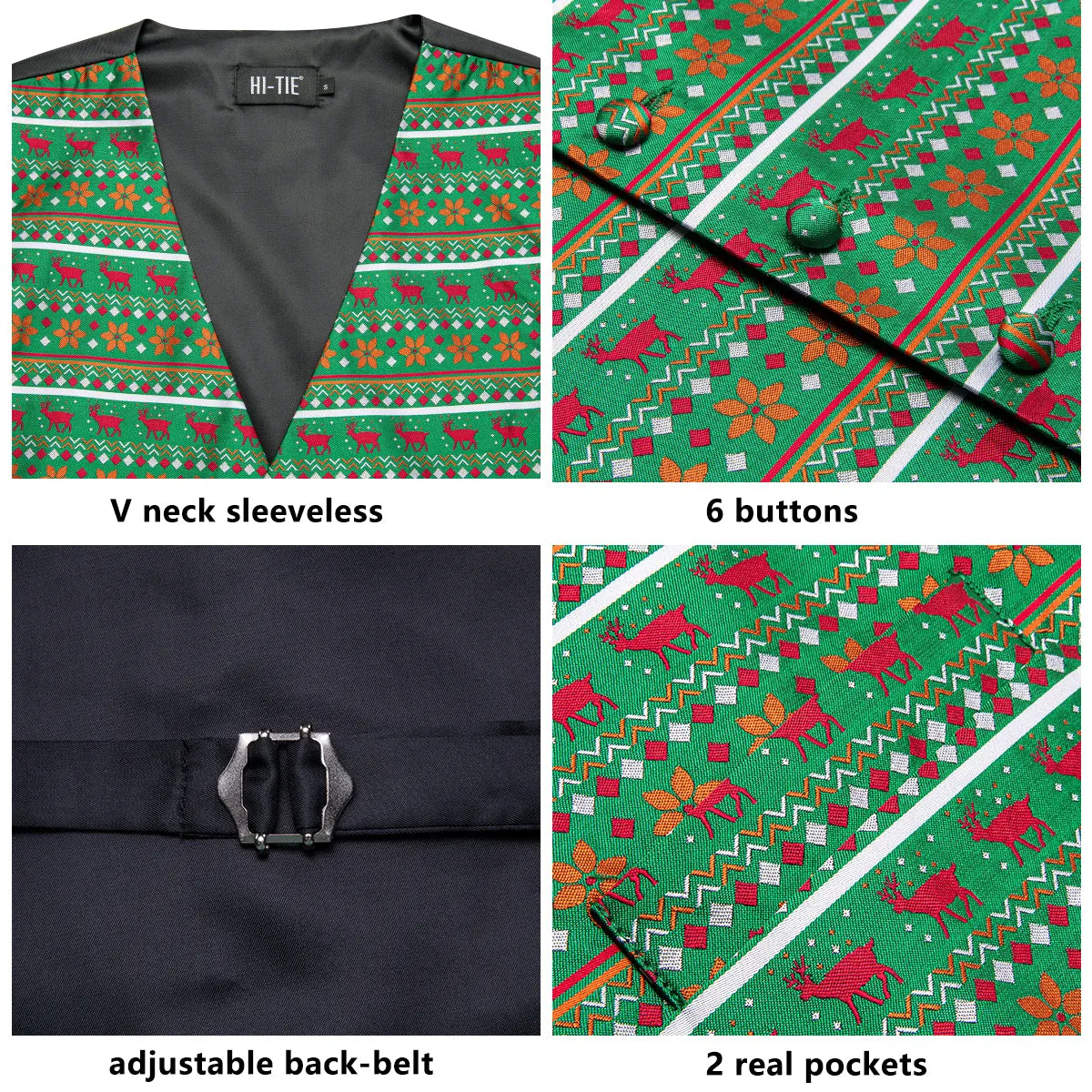 Christmas Pattern Green Novelty Men's Vest Hanky Cufflinks Tie Set