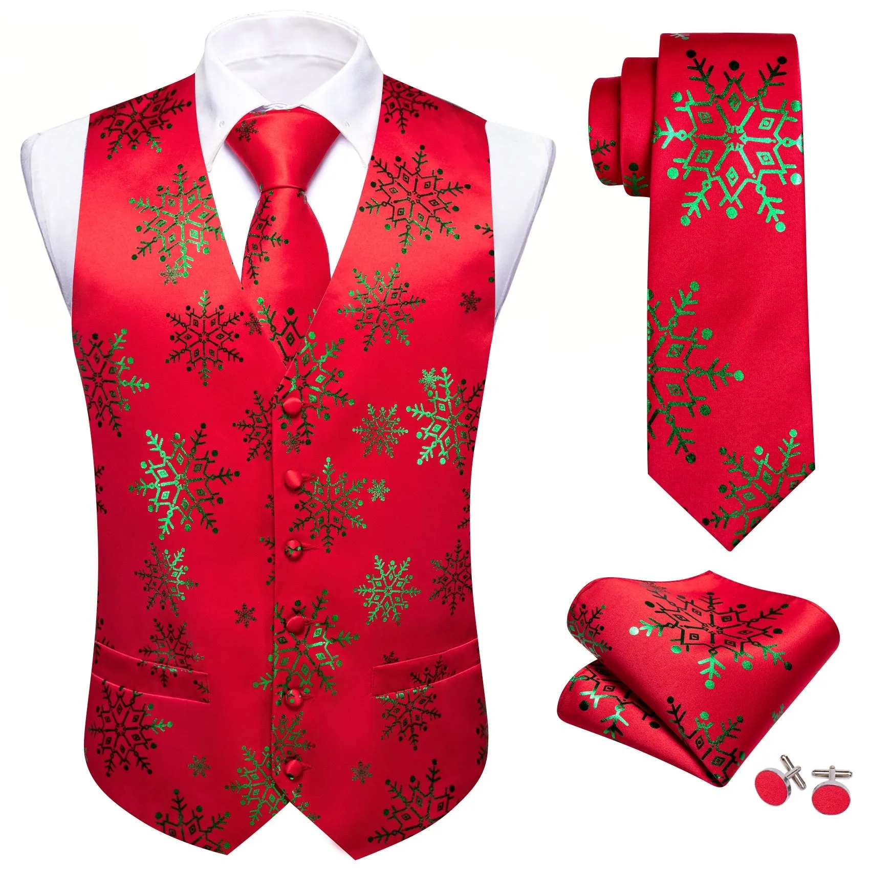 Christmas Red Green Snowflake Silk Men's Vest Hanky Cufflinks Tie Set