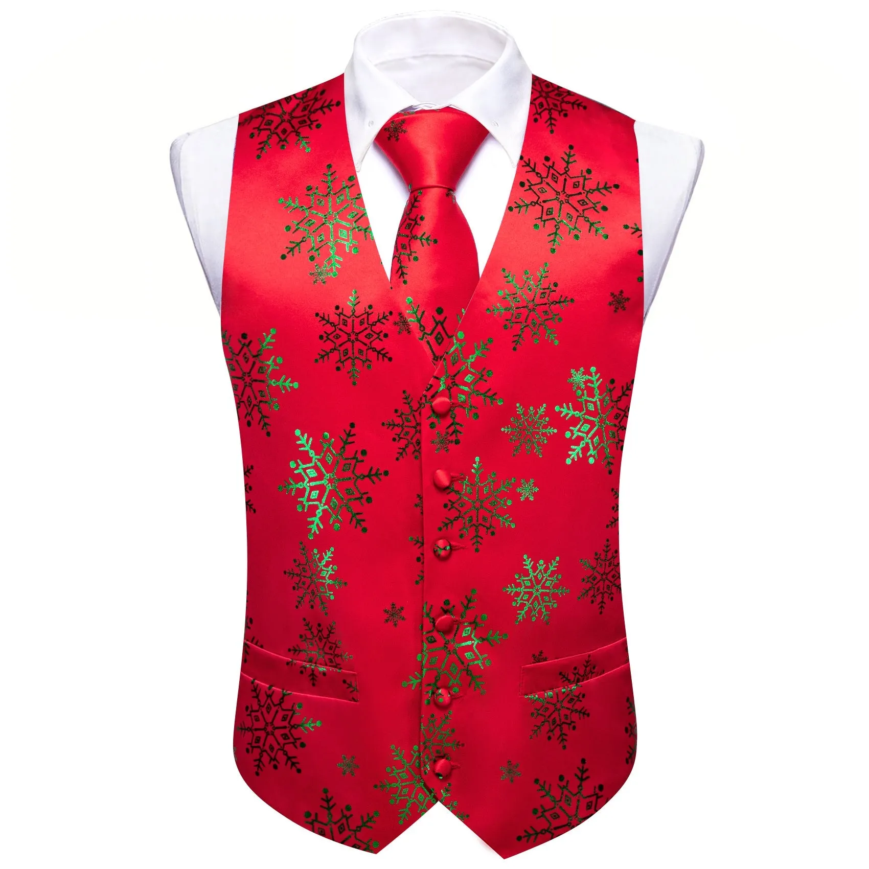 Christmas Red Green Snowflake Silk Men's Vest Hanky Cufflinks Tie Set