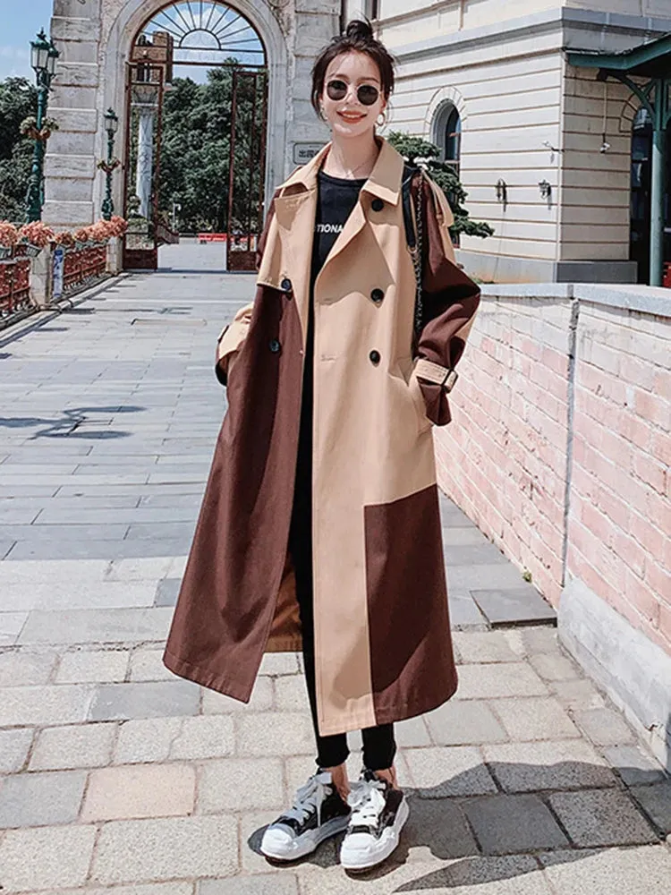 Color Block Double-Breasted Trench Coat