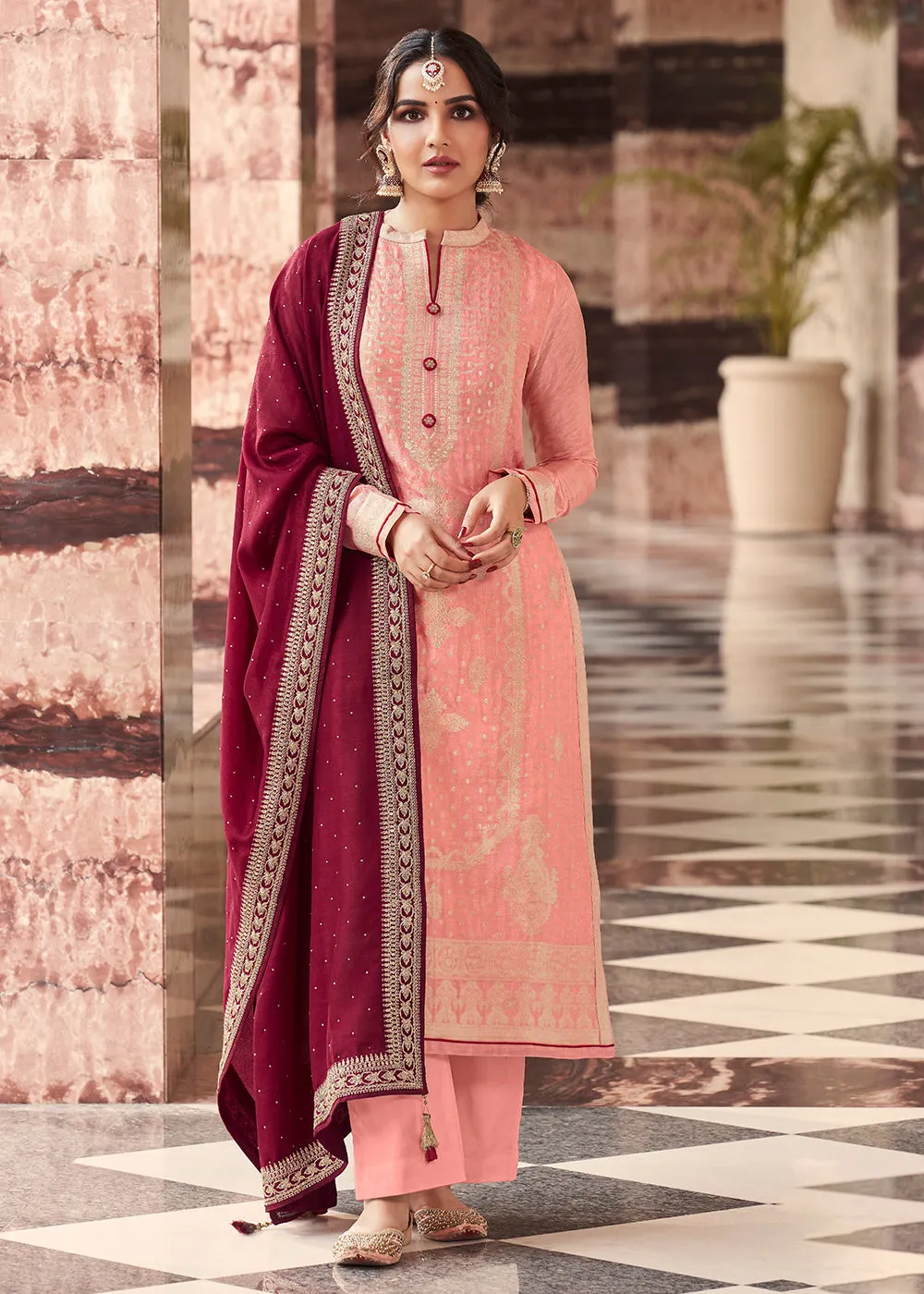 Coral Peach Dola Silk Jacquard Festival Salwar Kameez