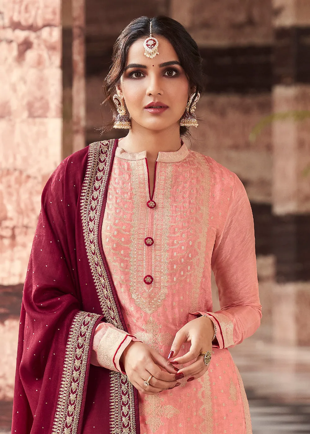 Coral Peach Dola Silk Jacquard Festival Salwar Kameez