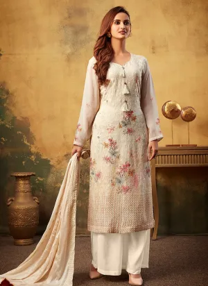 Cream Embroidered Bamber Georgette Palazzo Suit