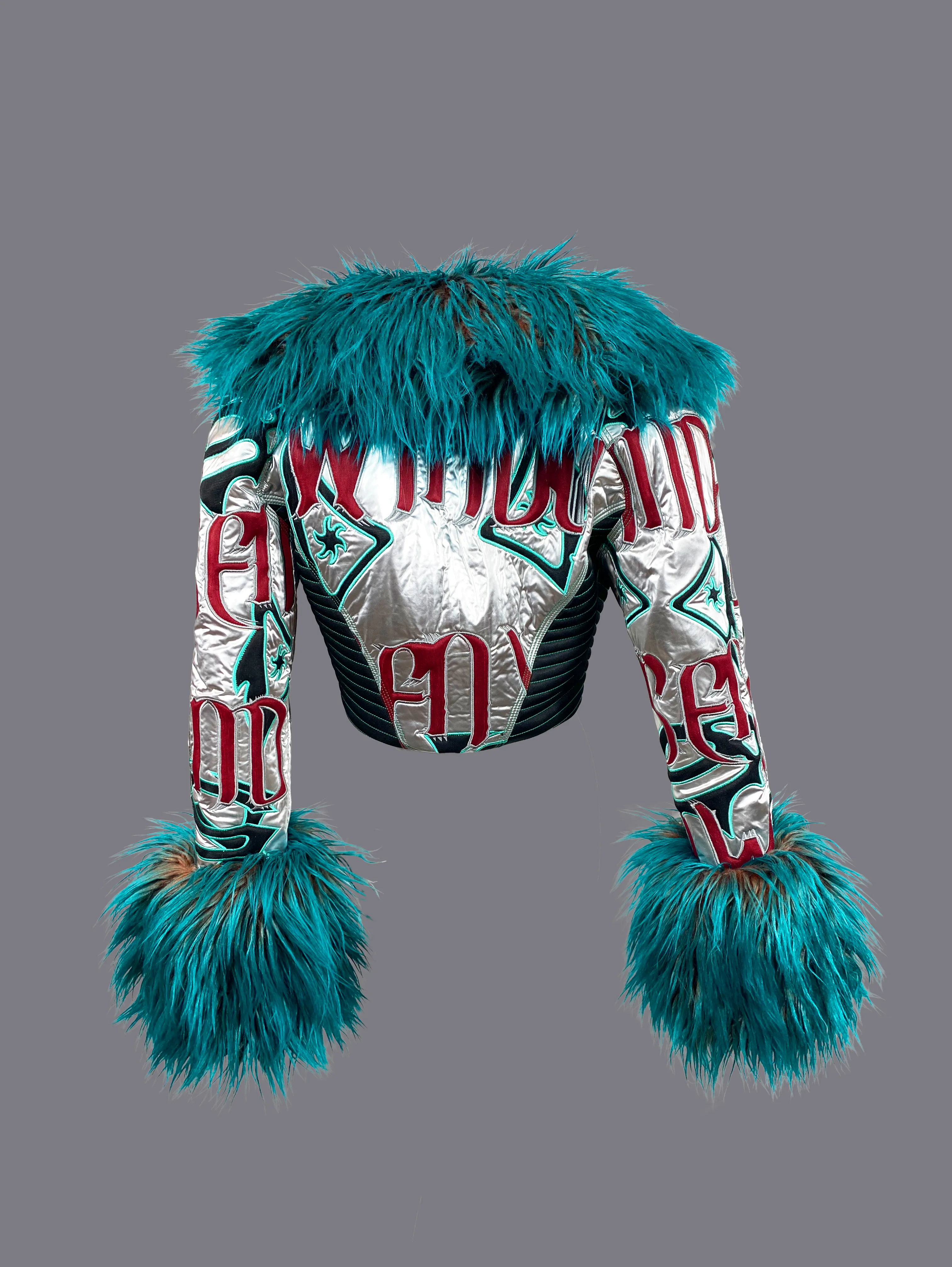 CROPPED FAUX-FUR JACKET WITH EMBROIDERY