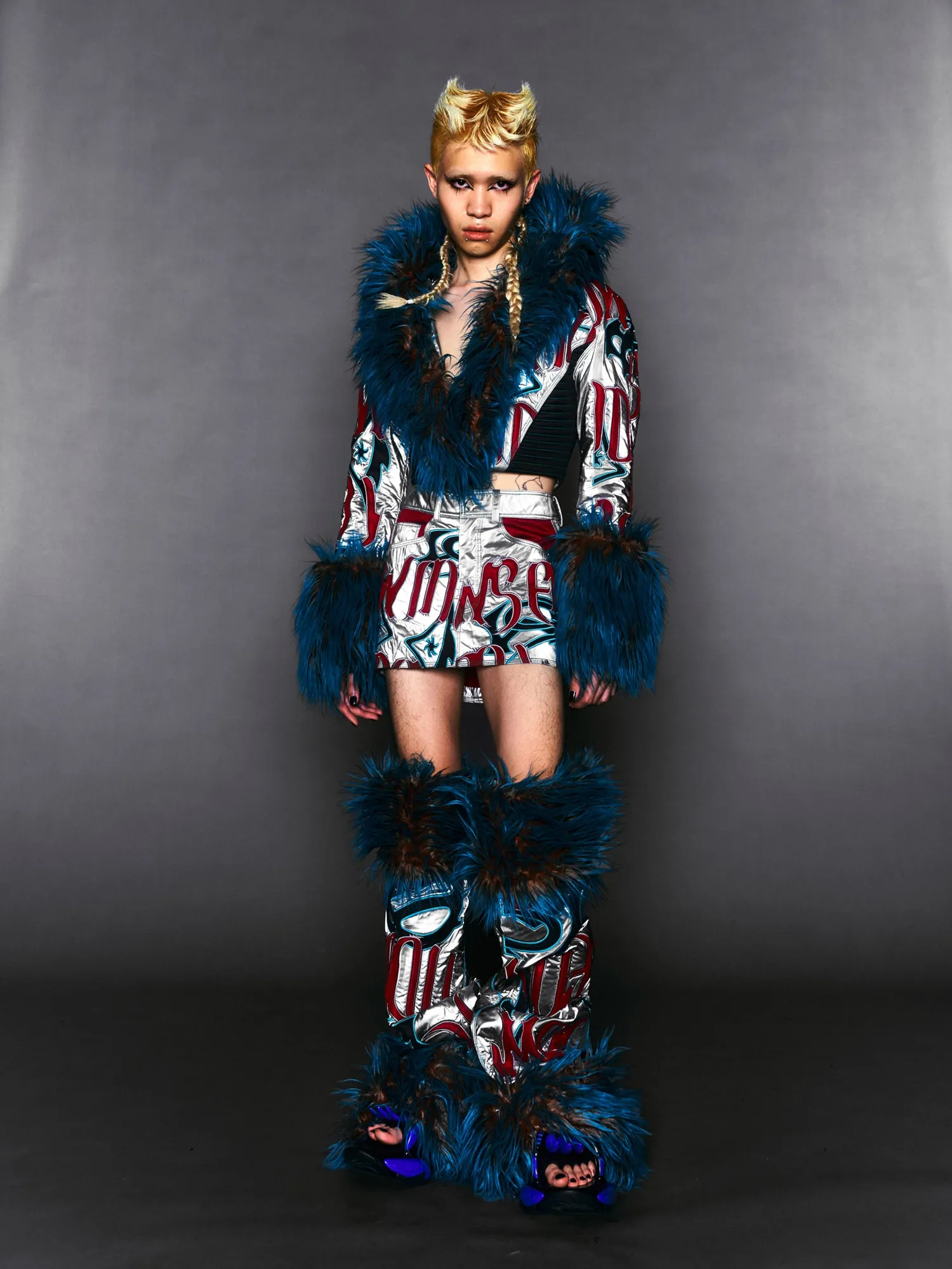 CROPPED FAUX-FUR JACKET WITH EMBROIDERY