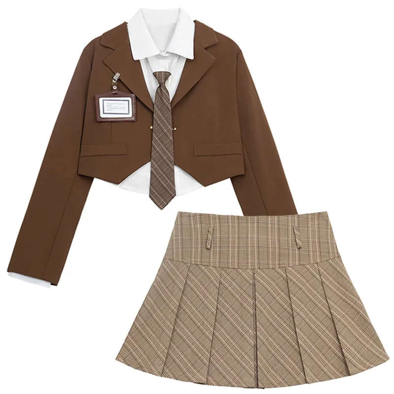 Dark Academia Brown & Navy Blue Blazer Jacket Long Sleeve Shirt Plaid Pleated Skirt Three Piece Set