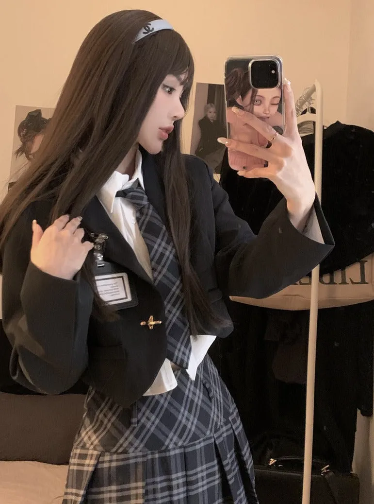 Dark Academia Brown & Navy Blue Blazer Jacket Long Sleeve Shirt Plaid Pleated Skirt Three Piece Set