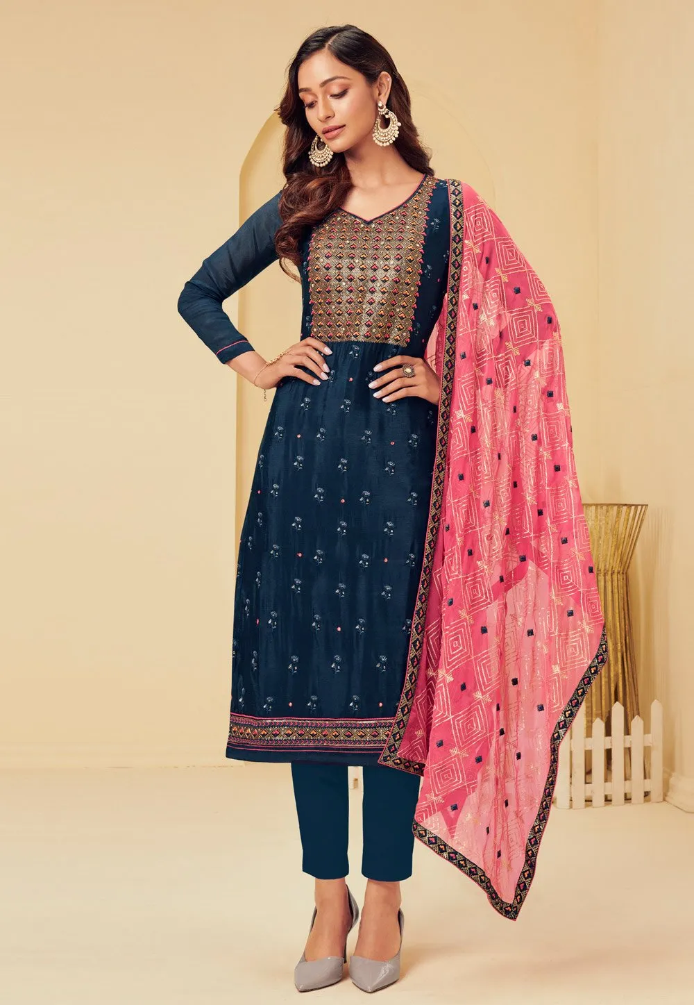 Dark Blue Pakistani Style Embroidered Suit