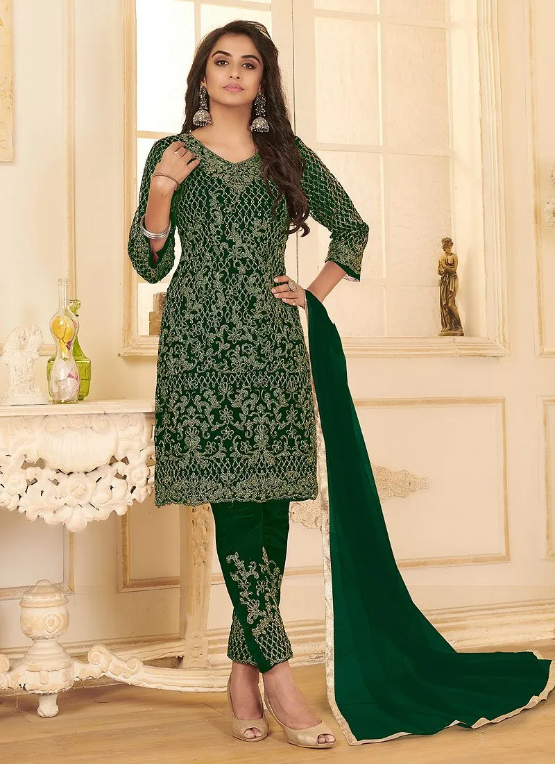 Dark Green All Over Embroidered Net Pant Style Suit