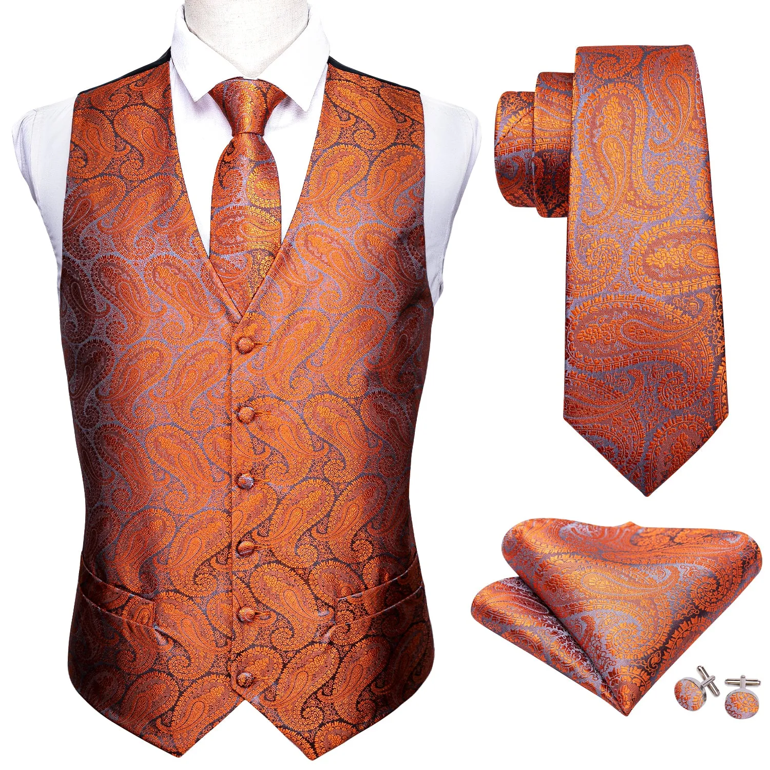 Deep Orange Paisley Silk Men's Vest Tie Hanky Cufflinks Set Waistcoat Suit Set