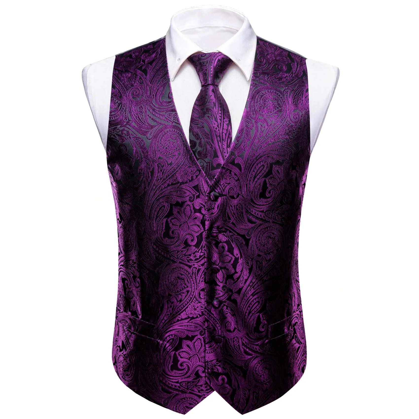 Deep Purple Paisley Jacquard Silk Men's Vest Hanky Cufflinks Tie Set