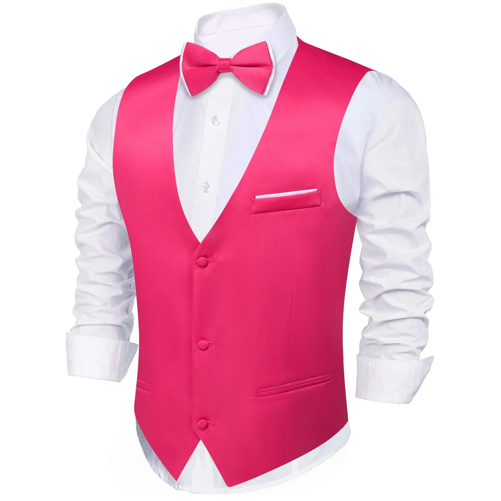 DeepPink Solid Silk Men's Vest Bow Tie Set Waistcoat Suit Set