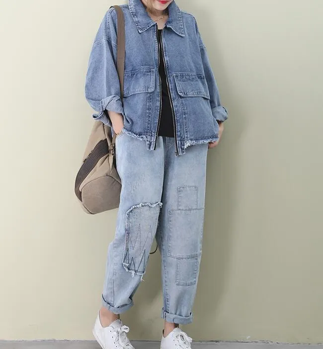 Denim Loose Short Casual Coat A line Parka Plus Size Coat Jacket