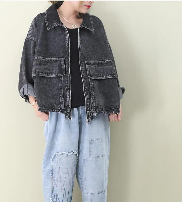 Denim Loose Short Casual Coat A line Parka Plus Size Coat Jacket