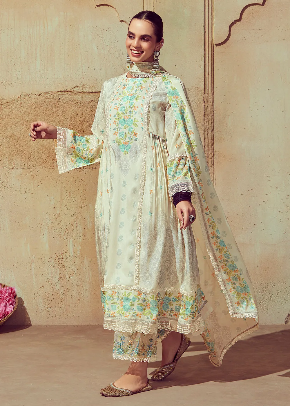 Digital Printed & Embroidered Off White Muslin Salwar Suit