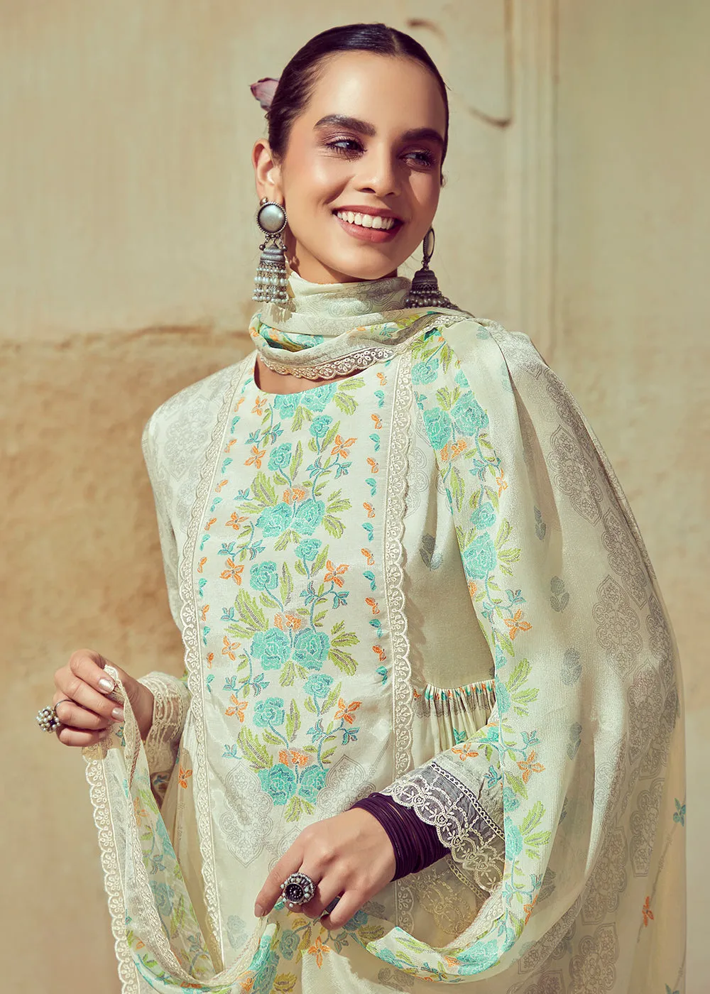 Digital Printed & Embroidered Off White Muslin Salwar Suit